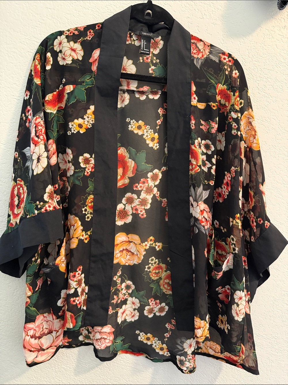 Forever 21 Black Sheer Floral Kimono Jacket